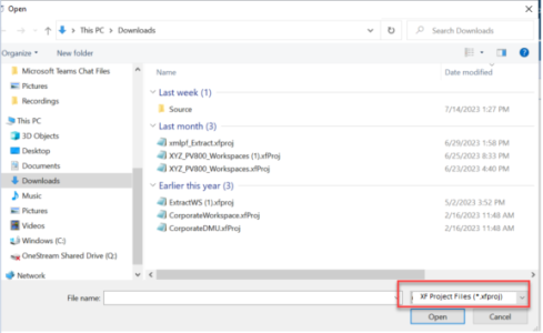 Red triangle box highlighting the file drop down name of xfProject in File Explorer.